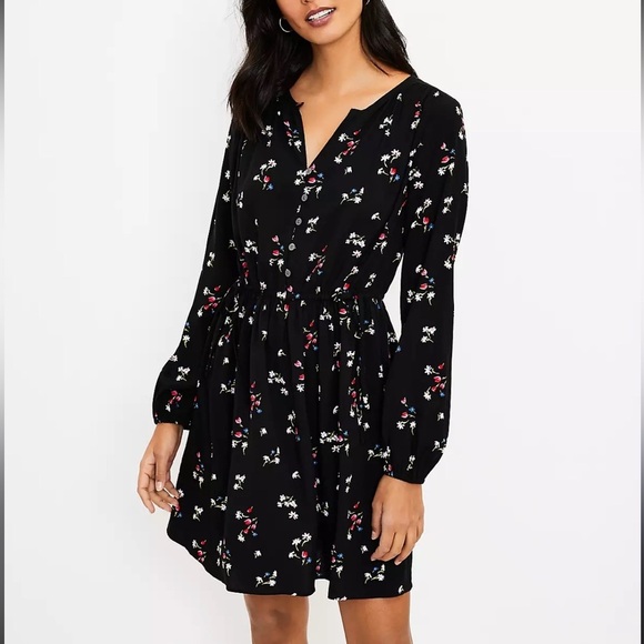 LOFT Black Casual Floral Side Tie Sundress Long Sleeves Medium Petite - Picture 1 of 16